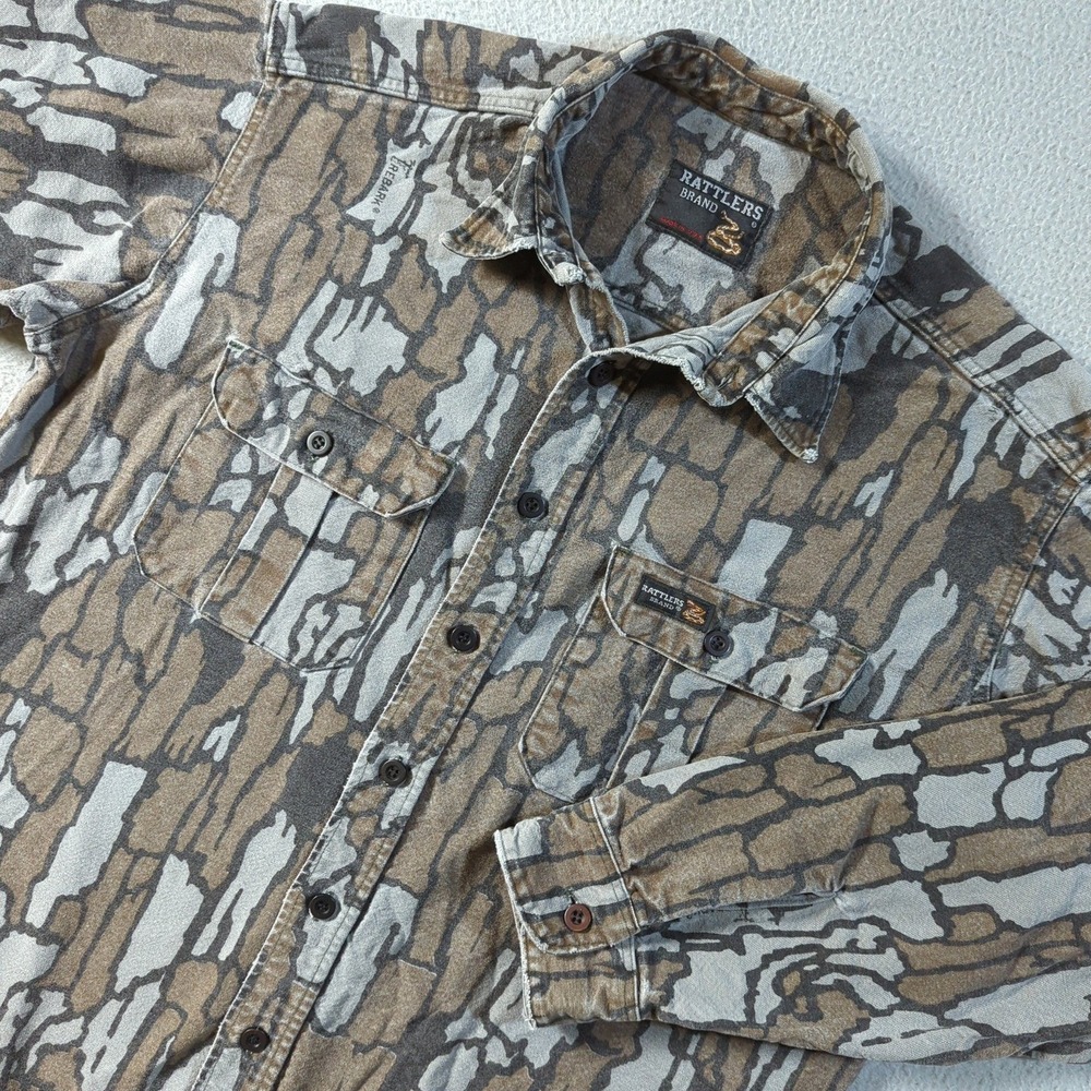 Rattlers Brand Camo Shirt Mens L Brown Trebark Camouflage Hunting Workwear USA